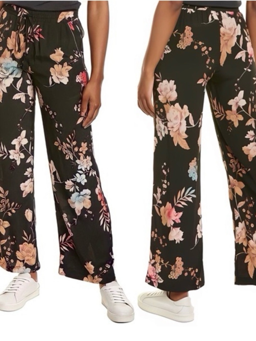Johnny Was Nido Black Wide-Leg Floral Pull-On Pants